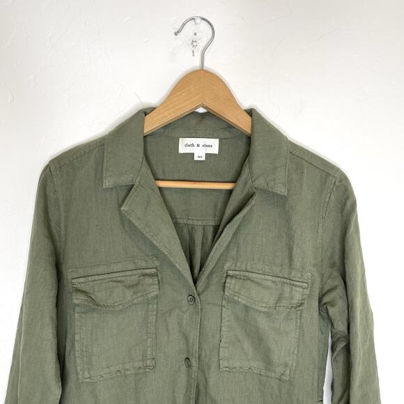 Cloth & Stone Olive Green Linen Utility Shirt Dress Tunic Raw Hem Frayed XS - Picture 2 of 7